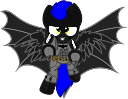 Size: 2250x1733 | Tagged: safe, artist:fliegerfausttop47, artist:guardian talon, oc, oc only, oc:shadow spirits, pegasus, pony, 2024 community collab, derpibooru community collaboration, batman, cape, clothes, costume, dc comics, flying, grin, male, simple background, smiling, solo, stallion, transparent background, underhoof, wings