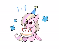 Size: 2048x1723 | Tagged: safe, artist:petaltwinkle, oc, oc only, oc:petal twinkle, pegasus, pony, birthday cake, cake, eye clipping through hair, female, flower, food, hat, heart, heart eyes, hoof hold, mare, party hat, simple background, smiling, solo, white background, wingding eyes