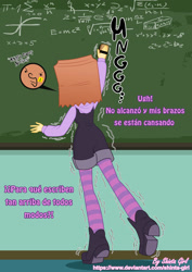 Size: 1280x1810 | Tagged: safe, artist:shinta-girl, oc, oc only, oc:paper bag, human, equestria girls, g4, bag, chalkboard, classroom, dialogue, equestria girls-ified, oh dear, paper bag, solo, spanish