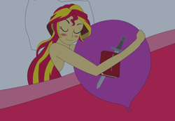 Size: 1278x880 | Tagged: safe, artist:hakdurbin, sunset shimmer, equestria girls, g4, balloon, bedsheets, blushing, cute, cutie mark balloon, hug, implied oc, implied octavia melody, pillow, sleeping