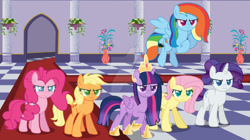 Size: 828x465 | Tagged: safe, artist:fantasygirl12410, applejack, fluttershy, pinkie pie, rainbow dash, rarity, twilight sparkle, alicorn, earth pony, pegasus, unicorn, g4, canterlot, carpet, checkered floor, female, group, mane six, mare, pillar, red carpet, twilight sparkle (alicorn)