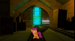 Size: 1644x894 | Tagged: safe, anonymous artist, artist:frownfactory, scootaloo, pegasus, pony, g4, alone, crate, female, filly, foal, glowing, reference in the description, scared, shed 17, shed 17 (location), solo, spread wings, tracks, uh oh, water tank, wings
