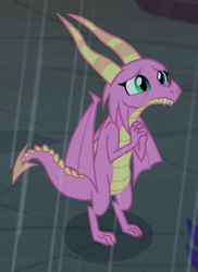 Size: 696x956 | Tagged: safe, screencap, scales (g4), dragon, g4, the hearth's warming club, cropped, dragoness, female, rain, solo