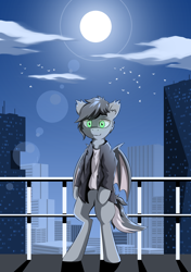 Size: 1200x1700 | Tagged: safe, artist:hovawant, oc, oc only, oc:hovawant, bat pony, pony, bipedal, building, city, clothes, cloud, jacket, male, shirt, sky, solo, stallion, sun