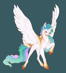 Size: 1280x1423 | Tagged: safe, artist:drniaraz, princess celestia, alicorn, pony, g4, alternate design, commission, female, green background, mare, raised hoof, serious, serious face, simple background, solo, spread wings, wings