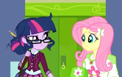 Size: 1080x684 | Tagged: safe, artist:jack-pie, fluttershy, sci-twi, twilight sparkle, equestria girls, g4, alternate universe, bag, butterfly hairpin, canterlot, clothes, confused, crystal prep academy uniform, duffle bag, eyeshadow, female, glasses, hair bun, hairclip, indoors, lockers, makeup, pencil, pleated skirt, school uniform, shirt, skirt, vest