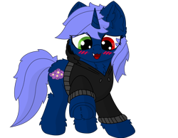 Size: 2194x1700 | Tagged: safe, artist:fliegerfausttop47, artist:the luna fan, derpibooru exclusive, oc, oc only, oc:quiet dreamer, pony, unicorn, 2024 community collab, derpibooru community collaboration, .svg available, blushing, chest fluff, clothes, ear fluff, heterochromia, horn, jacket, open mouth, show accurate, simple background, smiling, solo, transparent background, unicorn oc, vector