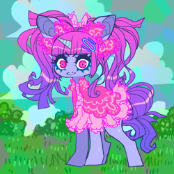 Size: 850x850 | Tagged: safe, artist:cutesykill, oc, oc only, unicorn, barette, big ears, bow, closed mouth, clothes, colored horn, dress, female, freckles, gradient mane, gradient tail, grass, hair bow, hairclip, horn, leg freckles, looking at you, magenta eyes, mare, pigtails, smiling, solo, standing, tail, unicorn oc