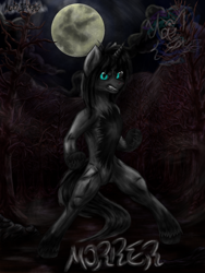Size: 900x1200 | Tagged: safe, artist:aldairsparkle, oc, oc:morrer, dryad, pony, unicorn, spoiler:comic, angry, bipedal, chest fluff, dark skin, darkness, forest, moon, mountain, nature, pose, serious, solo, tree