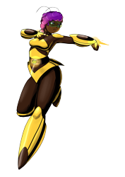 Size: 2894x4093 | Tagged: safe, artist:jackudoggy, misty brightdawn, bee, human, insect, g5, boots, breasts, bumblebee (dc comics), busty misty brightdawn, clothes, costume, dark skin, dc comics, humanized, rebirth misty, shoes, simple background, suit, superhero, transparent background