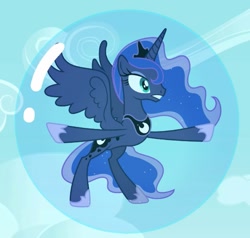 Size: 755x720 | Tagged: safe, princess luna, alicorn, pony, g4, bubble, cloud, concave belly, ethereal mane, ethereal tail, female, floating, frown, gritted teeth, in bubble, luna is not amused, mare, scared, sky, slender, solo, spread wings, t pose, tail, teeth, thin, unamused, wings