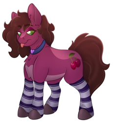 Size: 1629x1765 | Tagged: safe, artist:thatmlpartist, artist:trashpanda czar, oc, oc only, oc:cherry pop, earth pony, pony, 2024 community collab, derpibooru community collaboration, looking at you, simple background, solo, tongue out, transparent background