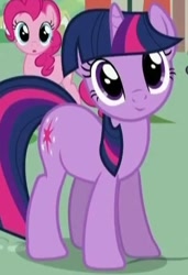 Size: 315x461 | Tagged: safe, edit, edited screencap, editor:twilyisbestpone, screencap, pinkie pie, twilight sparkle, earth pony, pony, unicorn, a bird in the hoof, g4, season 1, cropped, cute, duo, duo female, female, inverted mouth, looking at you, mare, smiling, smiling at you, twiabetes, unicorn twilight