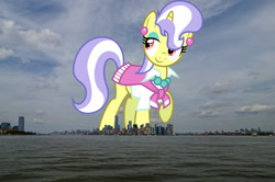 Size: 1600x1060 | Tagged: safe, artist:starryshineviolet, edit, editor:jaredking779, upper crust, pony, unicorn, g4, attack on pony, bedroom eyes, ear piercing, earring, female, giant pony, giantess, highrise ponies, irl, jewelry, macro, manhattan, mare, necklace, new york, new york city, photo, piercing, ponies in real life, red eyes, skunk stripe, solo, story included
