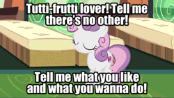 Size: 600x338 | Tagged: safe, edit, edited screencap, editor:undeadponysoldier, screencap, sweetie belle, pony, unicorn, g4, growing up is hard to do, season 9, animated, caramella girls, cute, dancing, diasweetes, edited gif, female, filly, foal, meme, solo, song reference, tutti-frutti lover
