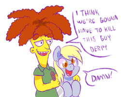Size: 1250x1000 | Tagged: safe, artist:paperbagpony, derpy hooves, pegasus, pony, g4, crossover, dialogue, duo, female, i think we're gonna have to kill this guy, knife, male, meme, sideshow bob, simple background, the simpsons, white background