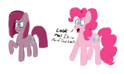 Size: 2500x1500 | Tagged: safe, artist:psychotix, pinkie pie, earth pony, pony, g4, badly drawn, balancing, breaking the fourth wall, duality, fourth wall, happy, no shading, open mouth, paint tool sai, pinkamena diane pie, pinkie being pinkie, pinkie pie is not amused, raised hoof, sad, self paradox, self ponidox, side by side, simple background, smiling, speech, speech bubble, talking, unamused, void, white background, wide eyes