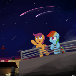 Size: 3000x3000 | Tagged: safe, artist:widelake, rainbow dash, scootaloo, pegasus, pony, g4, bipedal, female, filly, foal, high res, looking up, mare, night, open mouth, open smile, rooftop, shooting star, siblings, sisters, smiling, stars, sunset
