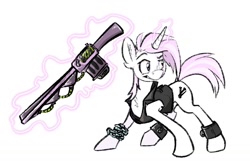 Size: 1498x964 | Tagged: safe, artist:messysketch, oc, oc only, oc:rusty nails, pony, unicorn, fallout equestria, fallout equestria oc, gun, simple background, solo, weapon, white background