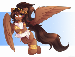 Size: 4000x3066 | Tagged: safe, artist:madelinne, oc, oc only, oc:laurel light, pegasus, anklet, female, flying, jewelry, lidded eyes, long hair, looking at you, mare, pegasus oc, pillow, smiling, solo, spread wings, wings, wreath