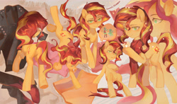 Size: 5717x3366 | Tagged: safe, artist:快乐的小马, lyra heartstrings, sunset shimmer, human, pony, unicorn, equestria girls, g4, blushing, bunset shimmer, butt, clothes, featureless crotch, female, mare, meme, plot, scarf, sitting, sitting lyra, solo, thinking