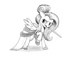 Size: 5005x3820 | Tagged: safe, artist:mizhisha, fluttershy, pegasus, pony, g4, angry, looking back, monochrome, raised hoof, simple background, solo, sword, traditional art, warriorshy, weapon, white background