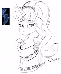 Size: 2871x3511 | Tagged: safe, artist:thelunarmoon, idw, princess luna, alicorn, pony, g4, reflections, alternate hairstyle, artemis luna, bust, female, grayscale, high res, lidded eyes, mare, mirror universe, monochrome, signature, simple background, sketch, smiling, solo, white background