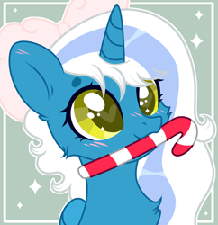 Size: 2634x2720 | Tagged: safe, artist:sarahsuresh-art, oc, oc only, oc:fleurbelle, alicorn, pony, alicorn oc, base used, bow, candy, candy cane, commission, commissioner:riofluttershy, female, food, green background, hair bow, heart, heart eyes, high res, horn, mare, mouth hold, pink bow, solo, sparkles, wingding eyes, wings, yellow eyes
