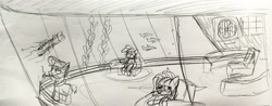 Size: 3406x1337 | Tagged: safe, artist:dhm, oc, fish, jellyfish, pony, bridge, bubble, captain, chair, console, crewmate, kelp, monochrome, ocean, pipe, railing, sketch, submarine, traditional art, underwater, water, window