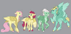 Size: 1280x622 | Tagged: safe, artist:drniaraz, fluttershy, gentle breeze, posey shy, zephyr breeze, pegasus, g4, claws, colored hooves, glasses, gray background, hair bun, jewelry, necklace, pearl necklace, simple background, wing claws, wings