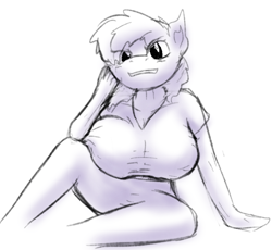 Size: 676x623 | Tagged: safe, artist:ismyaltaccount, rainbow dash, anthro, g4, big breasts, black and white, breasts, busty rainbow dash, clothes, female, grayscale, monochrome, shirt, simple background, sitting, sketch, smiling, smirk, solo, white background