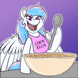 Size: 2500x2500 | Tagged: safe, artist:sugaryviolet, oc, oc only, oc:starburn, pegasus, bib, bowl, cereal, evil grin, food, gradient background, grin, high res, not celestia, pun, smiling, solo, spoon