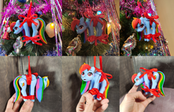 Size: 9000x5800 | Tagged: safe, artist:alcor, artist:neo glin, rainbow dash, pegasus, g4, absurd resolution, bound wings, christmas, christmas tree, craft, female, figurine, holiday, irl, mare, open mouth, photo, ribbon, sculpture, solo, tied up, tree, wings