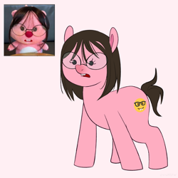 Size: 4000x4000 | Tagged: safe, artist:vital, beaver, earth pony, pony, g4, ackchyually, actually, cursed image, emoji, female, glasses, loopy, meme, nerd, not salmon, pink background, ponified, pororo the little penguin, rule 85, simple background, solo, wat
