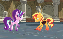 Size: 1920x1200 | Tagged: safe, artist:puzzlshield2, starlight glimmer, sunset shimmer, pony, equestria girls, equestria girls specials, g4, my little pony equestria girls: mirror magic, 3d, bag, book, hyrule castle, journal #3, mmd, recreation, scene interpretation, the legend of zelda