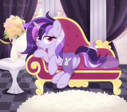 Size: 5000x4424 | Tagged: safe, artist:seurnik, oc, oc only, oc:dreaming bell, pony, unicorn, base used, butt, carpet, chair, commission, draw me like one of your french girls, fancy, female, heart butt, horn, indoors, looking at you, mare, plants, plot, room, solo, two toned coat, unicorn oc, ych result