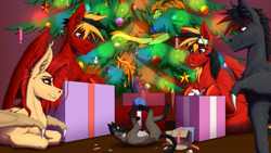 Size: 4000x2250 | Tagged: safe, artist:twotail813, oc, oc only, oc:gear, oc:nightsun, oc:twotail, oc:xarxe blackhoof, bat pony, cat, dragon, pegasus, brother and sister, christmas, christmas lights, christmas tree, ear fluff, fangs, female, happy new year, happy new year 2024, holiday, male, present, siblings, tree, wings, yarn, yarn ball