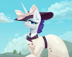 Size: 1500x1200 | Tagged: safe, artist:anastas, rarity, pony, unicorn, g4, ppov, blue eyes, bow, clothes, cloud, crystal, detailed background, dress, ear piercing, earring, eyelashes, female, hat, jewelry, lidded eyes, looking at you, mare, necktie, no tail, piercing, purple mane, raised hoof, raristocrat, rose dewitt bukater, smiling, smiling at you, solo, sternocleidomastoid, titanic, walking, white coat