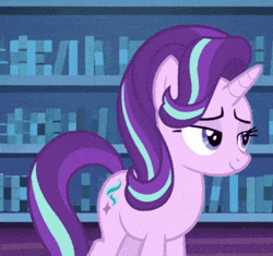 Size: 373x350 | Tagged: safe, screencap, starlight glimmer, pony, unicorn, every little thing she does, g4, season 6, animated, book, bookshelf, cropped, cute, eyes closed, female, frown, gif, glimmerbetes, indigo eyes, indoors, laughing, lavender body, lavender coat, lavender fur, lavender pony, library, mare, open mouth, open smile, purple hair, purple mane, purple tail, raised hoof, smiling, solo, standing, tail, talking, twilight's castle, twilight's castle library, two toned hair, two toned mane, two toned tail