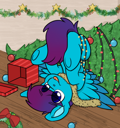 Size: 816x871 | Tagged: safe, artist:rokosmith26, oc, oc only, oc:open air, pegasus, pony, :p, blue eyes, christmas, christmas lights, christmas tree, christmas wreath, commission, cute, decoration, floor, holiday, lights, present, raised hoof, smiling, solo, spread wings, stars, tail, tinsel, tongue out, tree, upside down, wall, wings, wooden floor, wreath, ych result