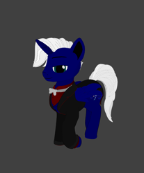 Size: 894x1080 | Tagged: safe, artist:nobody number 2, oc, oc only, oc:regal thunder, alicorn, pony, blue pony, bowtie, clothes, gray background, horn, lidded eyes, male, simple background, solo, suit, tail, white mane, white tail, wings