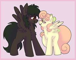 Size: 2800x2200 | Tagged: safe, artist:php193, oc, oc:soft sonance, oc:stormchaser, pegasus, pony, blushing, bow, cute, female, hair bow, high res, looking at each other, looking at someone, male, simple background, singing, straight, tail, tail bow