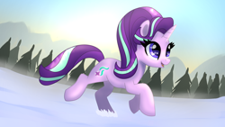 Size: 1920x1080 | Tagged: safe, artist:platinumdrop, starlight glimmer, pony, unicorn, g4, conifer, female, happy, looking ahead, mare, open mouth, open smile, running, smiling, snow, solo, tail, tree, two toned mane, two toned tail, winter