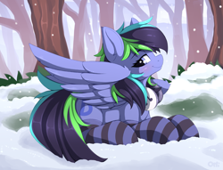 Size: 1493x1138 | Tagged: safe, artist:omi, oc, oc only, oc:dark derp, pegasus, pony, blushing, clothes, female, forest, lying down, mare, nature, outdoors, partially open wings, pegasus oc, profile, prone, side view, smiling, snow, snowfall, socks, solo, stockings, striped socks, tail, thigh highs, tree, wings, winter