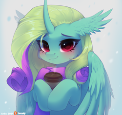 Size: 1796x1698 | Tagged: safe, artist:anku, oc, oc only, alicorn, pony, blushing, clothes, coffee, female, looking at you, mare, patreon, patreon reward, scarf, solo