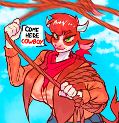 Size: 1000x1029 | Tagged: safe, artist:megaomega, arizona (tfh), cow, anthro, them's fightin' herds, bandana, breasts, busty arizona, clothes, community related, denim, dialogue, horns, jeans, lasso, looking at you, pants, rope, solo, speech bubble, tail, text, vest