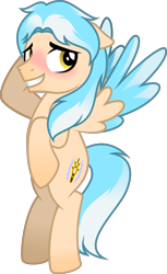 Size: 1035x1693 | Tagged: safe, artist:stellardusk, oc, oc only, oc:lumin light, pegasus, pony, g4, beige body, blushing, colored, colored wings, flying, hooves behind head, light blue mane, male, multicolored hair, multicolored mane, multicolored wings, nervous, shy, simple background, solo, stallion, transparent background, unsure, white mane, wings, yellow eyes