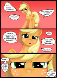 Size: 1280x1761 | Tagged: safe, artist:lennondash, part of a set, applejack, earth pony, pony, series:too close, g4, applejack's hat, close-up, comic, cowboy hat, extreme close-up, eyebrows, female, freckles, hat, lidded eyes, looking at you, mare, open mouth, part of a series, raised eyebrow, red background, simple background, solo, speech bubble, squint, talking to viewer