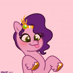 Size: 2480x2480 | Tagged: safe, artist:starburstuwu, pipp petals, pegasus, pony, g5, :p, adorapipp, blushing, cute, emanata, female, heart, high res, jewelry, mare, pink background, raised hooves, regalia, scene interpretation, silly, silly face, silly pony, simple background, solo, tongue out, unshorn fetlocks