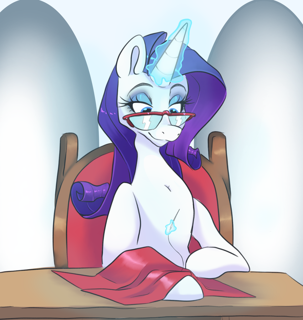 [chair,eyeshadow,female,g4,glasses,glowing,glowing horn,horn,magic,makeup,mare,needle,pony,rarity,safe,sewing,solo,table,unicorn,smiling,rarity's glasses,artist:smirk]